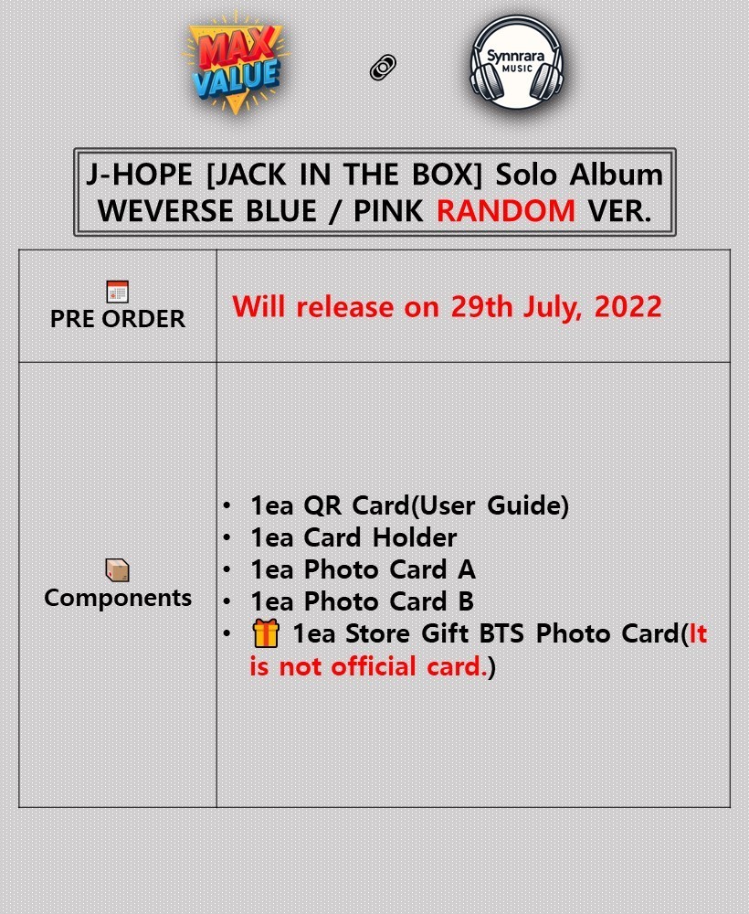 BTS J-HOPE JACK IN THE BOX Album WEVERSE RANDOM Ver/QR+2Photo Card