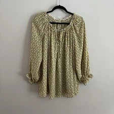 Max Studio Women Plus SZ 1X White Lemon/Lime Tie Neck 3/4 Sleeve Pullover Blouse