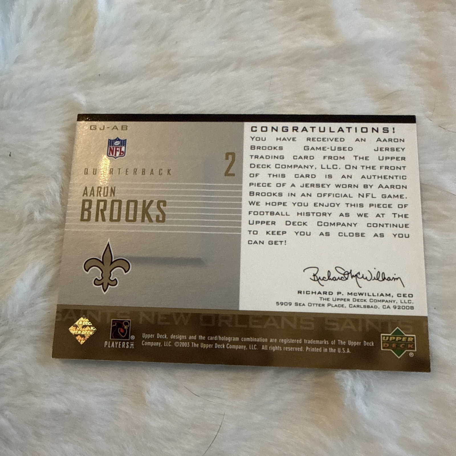 2003 Upper Deck Aaron Brooks Game Used Jersey Card Saints Football  view 7
