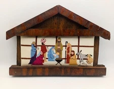 Nativity Manger Christmas Vtg Embroidery Cross Stitch Wall Plaque, Wood Frame