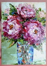 PEONY Flowers  Original OIL Impasto PAINTING Impressionism 7"x 5"Olga Diduh