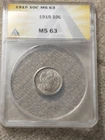 1915 Barber Dime, ANACS MS 63