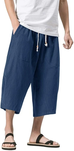 Pantalones capri holgados harén calce suelto cintura elástica 3/4 algodón lino para hombre - Imagen 14 de 24