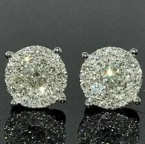 Męskie 14K Białe pozłacane 2Ct Okrągłe Lab Created Diamond Cluster Kolczyki sztyfty - Zdjęcie 1 z 3