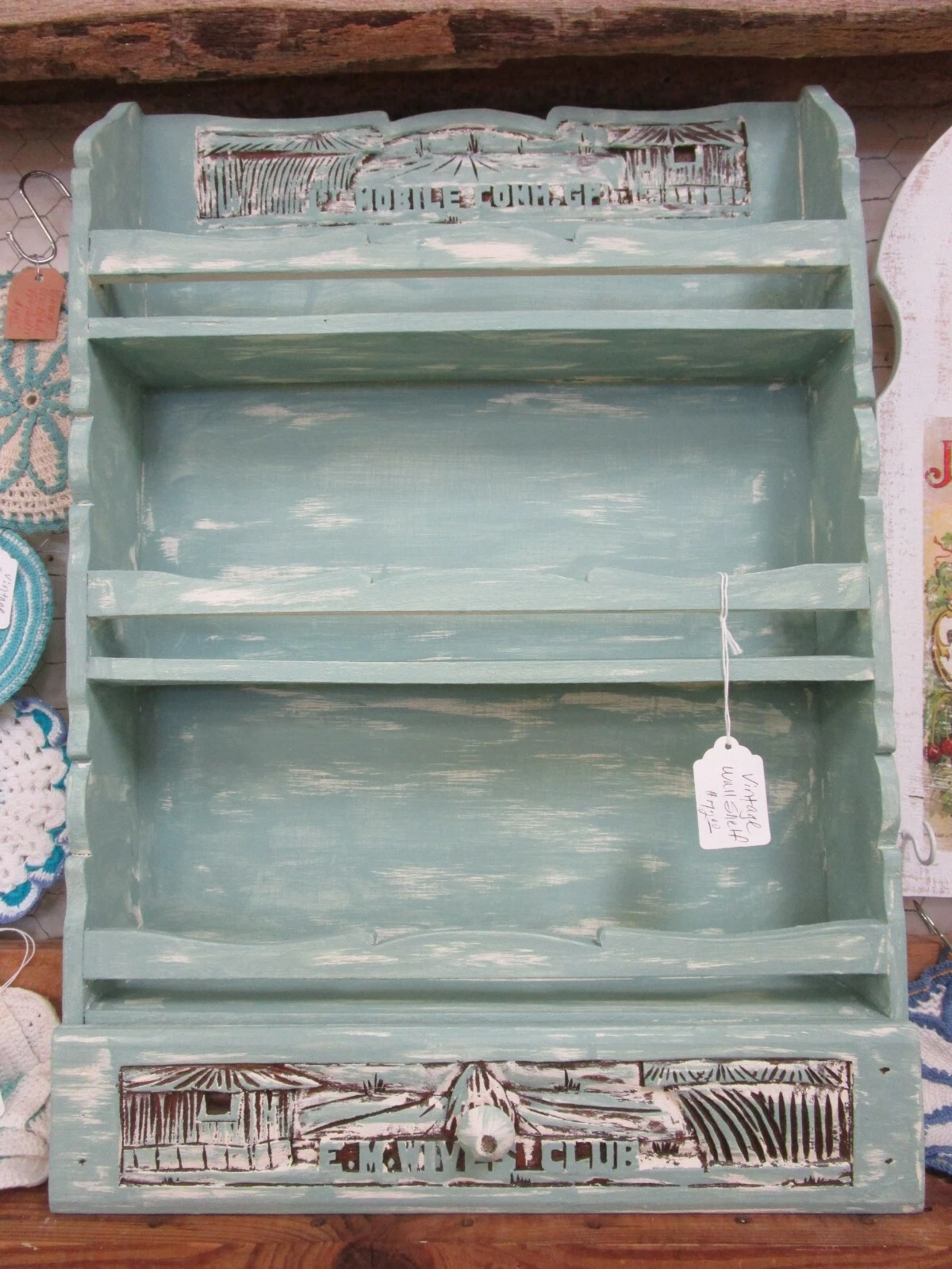 Vintage Shabby Mid Century Wood 3 Tier Spice Rack/Shelf w/Drawer * Wall Mount