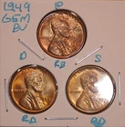 1949 P D S LINCOLN WHEAT CENT PENNY 1C GEM RED BU SET (3 COINS) 49501