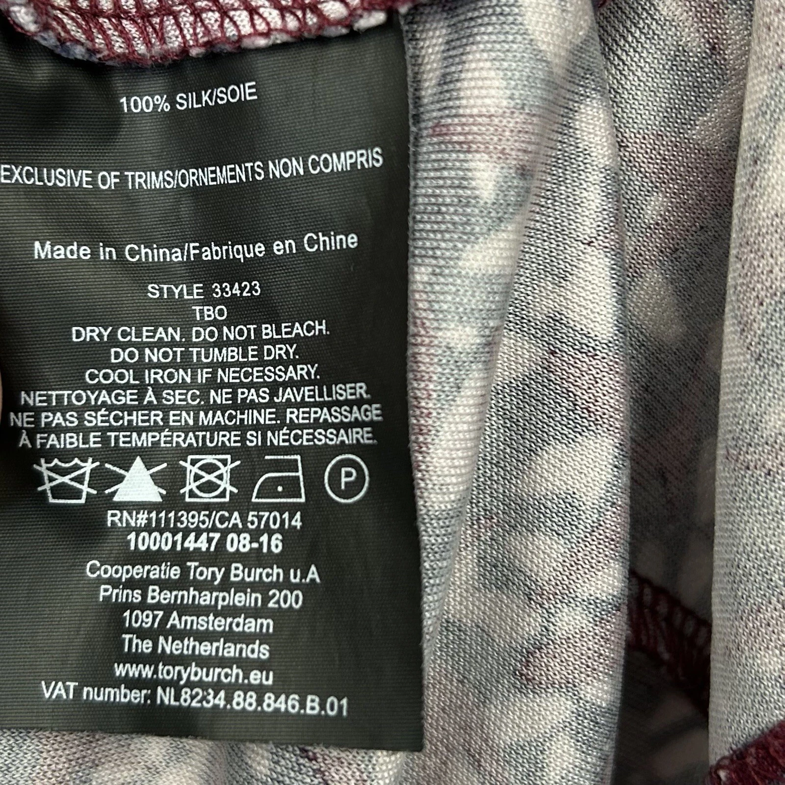 Abito donna Tory Burch in seta a tubino taglia small stampa bordeaux maniche lunghe