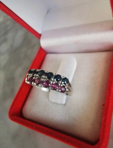 18 Carat Vintage White Gold Ring Ruby + Sapphires Anniversary Antique 2,5gr - Picture 4 of 6