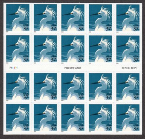 2005 Snowy Egret Sc 3830De booklet pane of 20 MNH plate number P44444 CV $110 - Picture 1 of 1