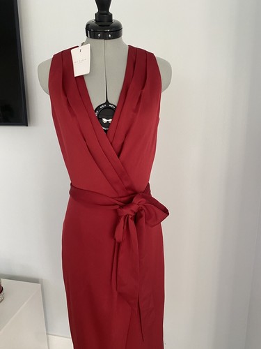 Ted Baker Womens Red Wrap Midi Dress Sleeveless Sheath Belted SZ 0 - Picture 2 of 7