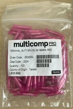Lot of 100 Multicomp Pro Terminal Butt Splice 22-18AWG Red Pink MC002142 2832552