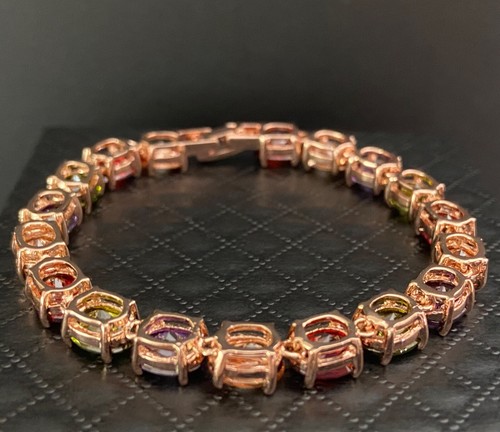 30 cwt Oval Gemstone Multicolor Tennis Bracelet 18K Rose Gold Plated Finish 7.5" - Picture 8 of 12
