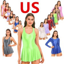 Womens Mini Dress Shiny Racerback Sleeveless Skater Yoga Fitness Workout Swim