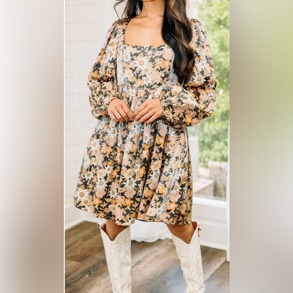 NWT Altar’D State Black Yellow Shiny Floral Baby Doll Dress Womens size XS