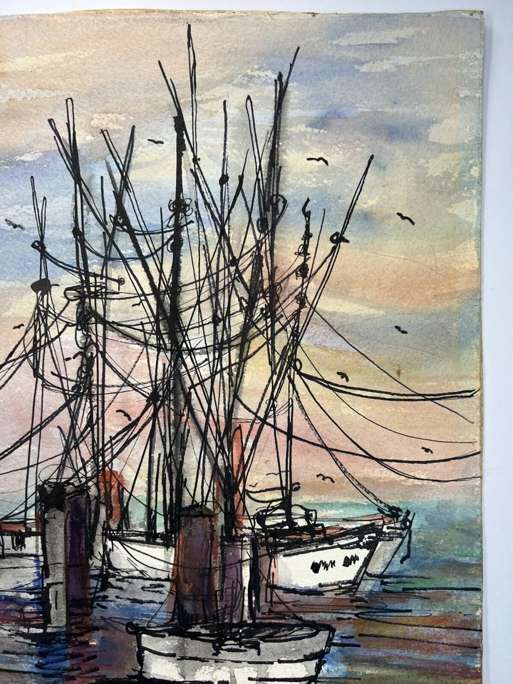 "Pintura acuarela original de barcos en puerto 14x11"" Elise Speights bellas artes" Foto 4 de 4