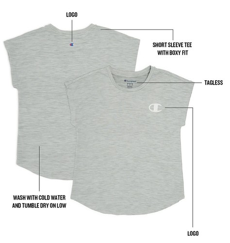Champion Girl's Short Cap Sleeve Everyday Tee Grey Heather Color NEW - Picture 6 of 6