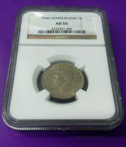 Scarce 1940 New Zealand Shilling NGC AU55 Nice Almost Uncirculated Silver Coin!