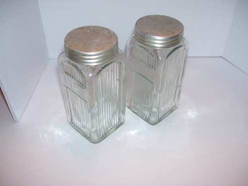 Vintage Ribbed Square Glass Hoosier Kitchen Cabinet Spice Jars - Pair - Picture 5 of 5