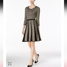 Nine West L Metallic Fit & Flare Sweater Dress Black Gold Pullover Swingy Scoop