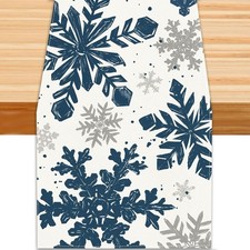 Christmas Winter Table Runner Blue Silver Snowflakes 13x72 Farmhouse