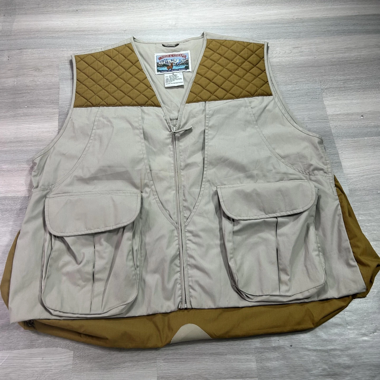 Field & Stream Vest Mens XL Beige Quilted Game Bag Hunting Canvas Zip Outdoor