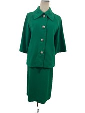 Vtg 60 Wool Coat & Skirt Set Emerald Green Bell Sleeves Mod Mad Men Classic