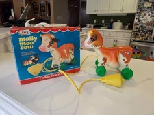 Vintage 1972 Fisher Price Toys #132 Molly Moo Cow Pull Toy Cow Bell Farm Animal