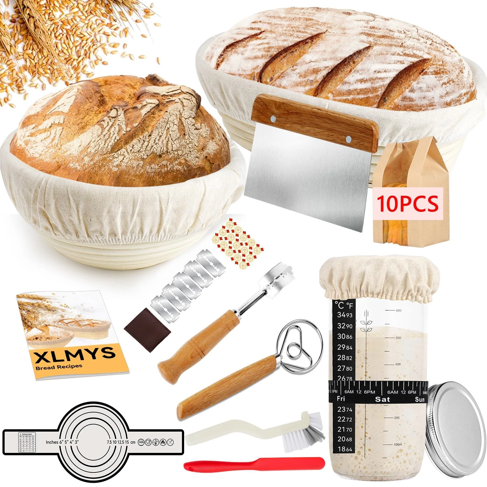 Sourdough Starter Kit - Banneton Proofing Basket 9 Inch Round & 10 Oval, Comp...