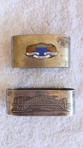 Sydney Harbour Bridge serviette rings x 2. C/-1930s. Lewbury & Stratford EPNS