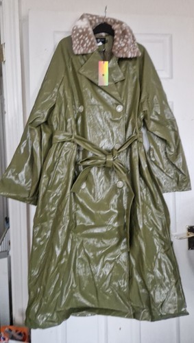 SIZE 24 DAISY STREET PLUS OLIVE GREEN FAUX LEATHER PVC TRENCH COAT - Picture 2 of 4