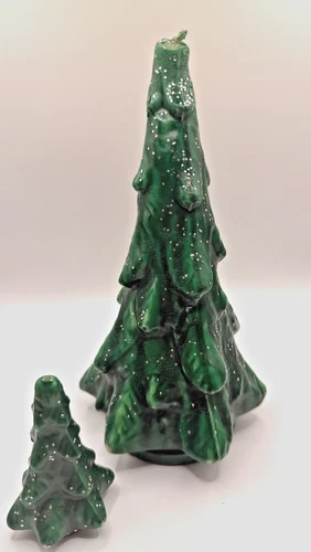 2 Vintage Gurley Wax Candle Green Christmas Tree with Glitter 8" and 3" - product listing photo