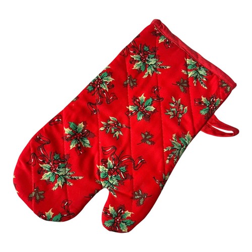 VTG Christmas Poinsettia Oven Mitt 12" Red Kitschy Quilted Traditional Holiday