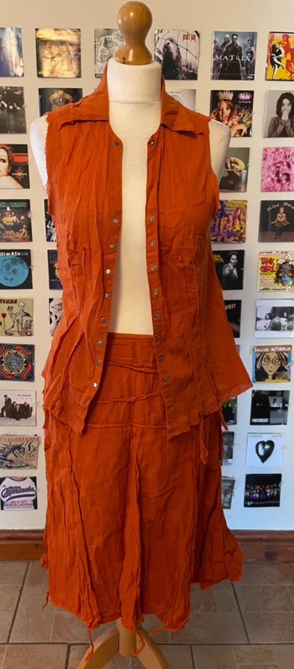 Vintage Años 90 Y2K Cop Copine Conjunto Conjunto Naranja Midi Falda Camisa Foto 2 de 4