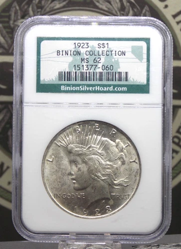 1923 "P" Peace SILVER Dollar $1 NGC MS62 #060 *BINION* Uncirculated ECC&C, Inc.