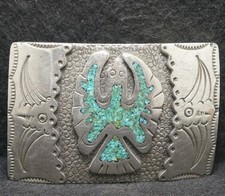 XD01126 VINTAGE 1970s ABSTRACT BIRD ARTWORK ANIMAL MENS TURQUOISE BELT BUCKLE