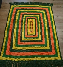 VTG 70's Hand Crocheted Blanket 80" Yellow Green Orange Granny Core Concentric 