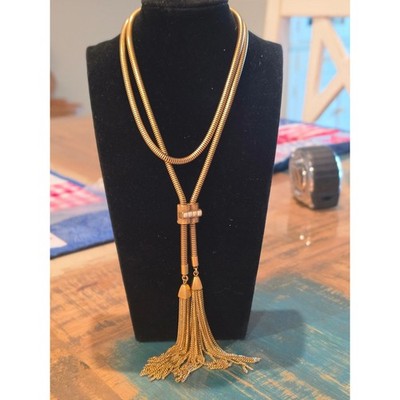 Stella and Dot  Gold Tone Chain Bolo Lariat Necklace Double Tassel Fringe Inlay