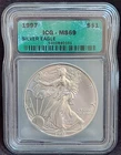 1997  American Silver Eagle ICG MS69 GREEN LABEL .999 fine 1oz $1 Silver Coin