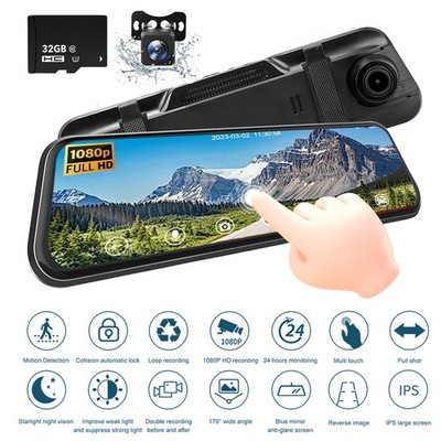 10'' 1080P Dual Dash Cam Car DVR Rear View Mirror Camera Video Recorder G-sensor