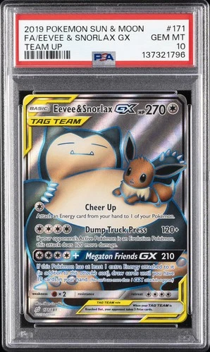 2019 POKEMON SUN & MOON TEAM UP #171 FULL ART/EEVEE & SNORLAX GX PSA 10