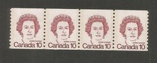Canada #605, MNH-VF coil  strip-4 with tag variety: Caricature Issue/Royalty
