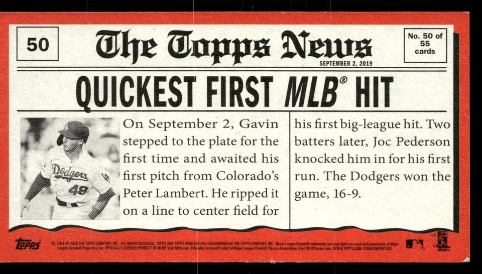 2020 Topps Heritage #50 Gavin Lux RC - Game's Greatest Moments Box Topper - Image 2 of 2