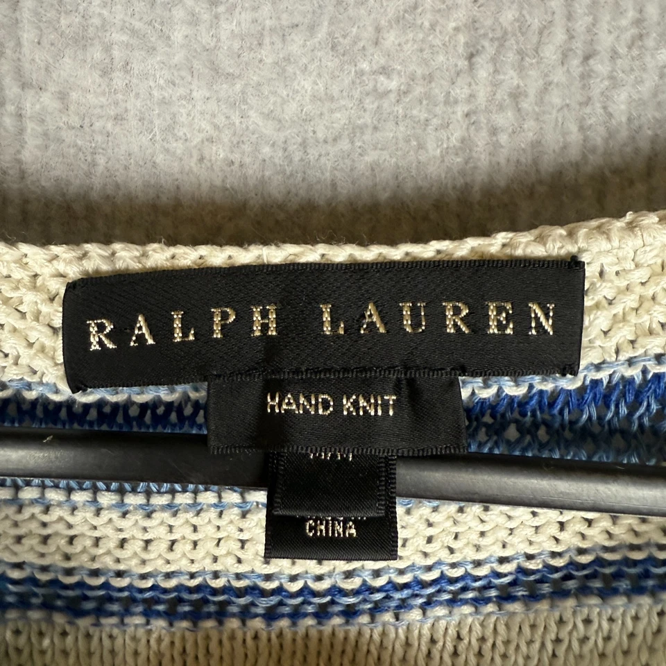 Jersey Ralph Lauren Etiqueta Negra Mujer Mediano Blanco Azul Tejido a Mano Lino Seda Foto 2 de 4