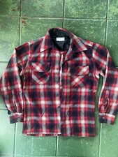Vtg 50 60's Red SHADOW PLAID Flannel Flap Pocket Wool Shirt JCPenney Small