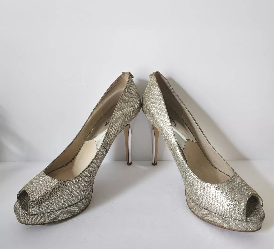 Michael Kors York Platform Peek A Boo Stilletto Heels 10 Silver Glitter  Open Toe