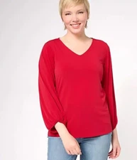 Susan Graver Liquid Knit Blouson Bracelet-Sleeve V-Neck Top Ruby Red Large A6103