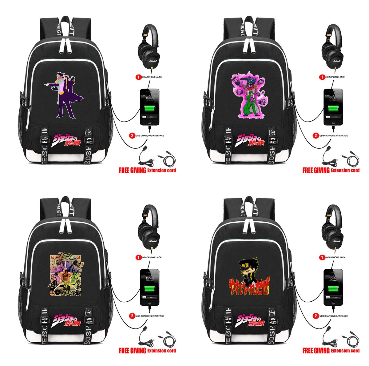 JoJo's Bizzare Adventure USB backpack laptop travel book bags Mochila rucksacks