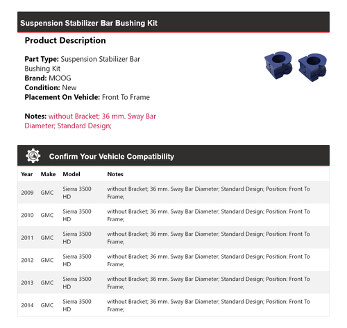 For 2009-2014 GMC Sierra 3500 HD Suspension Stabilizer Bar Bushing Kit MOOG 2009 - Picture 2 of 4
