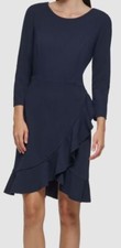 Tommy Hilfiger Women Blue Scoop-Neck Ruffle-Trim 3/4-Sleeve Dress Size 4