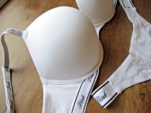 VICTORIA'S SECRET PINK Super Push-Up Bra & Thong Panty Set VS White Cotton Logo - Picture 7 of 9